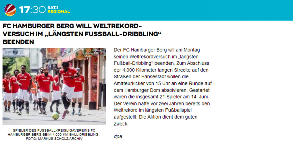 FC Hamburger Berg will Weltrekordversuch im lngsten Fussball-Dribbling beenden - Sat1